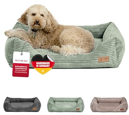 HS-Hundebett® Kuschelbett Deluxe Cord M (70x90 cm) – Orthopädisches Hundebett Grün für große Hunde – Memory Foam, waschbar, rutschfest – Made in Germany