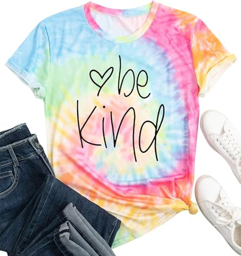 Women Tie-Dye Shirt Women Be Kind Graphic Tshirts Cute Teacher Short Sleeves Top