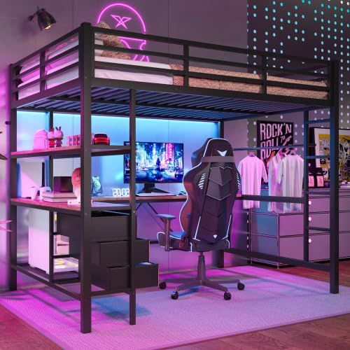 Zepneiy Lit Mezzanine 2 Place avec lumière d'ambiance télécommandée et USB, lit Mezzanine avec avec 3 tiroirs et étagères,Lit Superposé Enfant 140x200 avec escalier et Balustrade, Noir(sans Matelas)