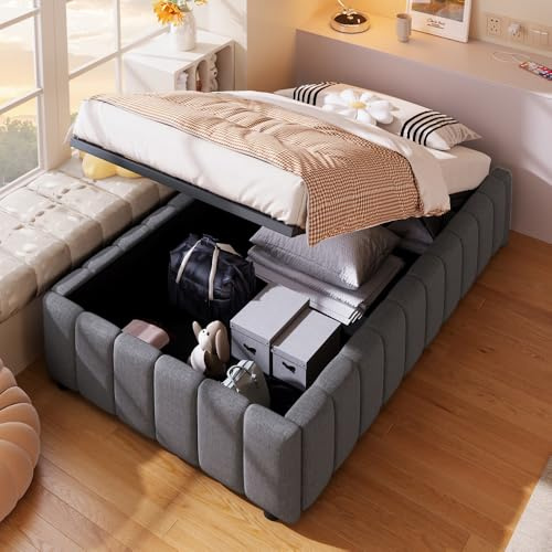 Cama tapizada 90 x 200 cm, base hidráulica, almacenamiento, diseño sin cabecero, gris (colchón no incluido)