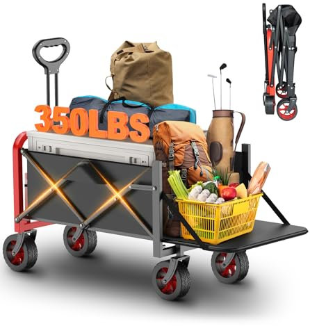 Folding Camping Trolley 350LBS, Festival Trolley on Wheels, 200L Folding Wagon, Portable Camping Cart, Lightweight Outdoor Utility Foldable Wagon Cart for Beach Outdoor Garden Picnic Shopping Fishing
