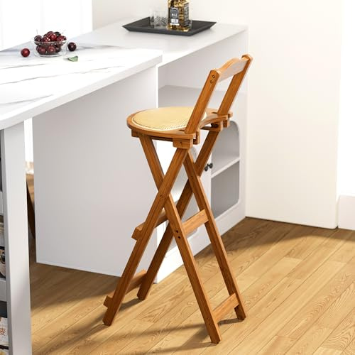 Nisorpa Folding Bar Stool, 75cm Seat Height Foldable Barstools Kitchen Breakfast Chair, Portable Wooden Bar Stools with Backrest & Upholstered for Outdoor Shop Kitchen Restaurant Coffee Chair (Brown)