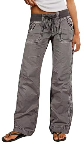 Flamingals Straight Leg Pants for Women Drawstring Waist Mid Rise Casual Solid Seam Detail Pants Gray S