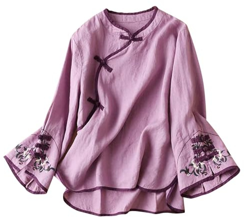 Uwdiohq Blusa de Traje Tradicional Chino para Mujer, Camisas de Manga Larga con Campana de Lino y algodón Bordado, Tops con Botones de, Cheongsam Camisas Mujer Invierno Elegantes (Purple, XXL)