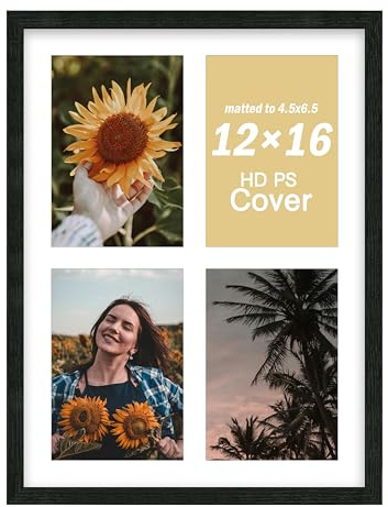 An&He 12x16 Collage Picture Frame, Displays 4 Photos in 5x7 Size, Wood Multi-Opening Frame with PS Cover for Wall & Tabletop Use - Black