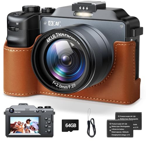 Fotocamera digitale 4K, doppia lente 18X digitale zoom 64MP fotocamera compatta con scheda da 64 GB, schermo LCD da 3 pollici, macchina fotografica digital camera per principianti