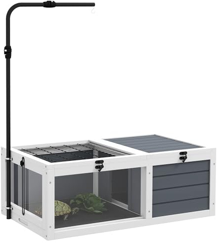 PawHut Maison enclos Cage pour Petit Animal Tortue avec 2 espaces, Support de Lampe réglable, 2 Plateaux coulissants, 81 x 48 x 31,5 cm - Bois Massif Gris