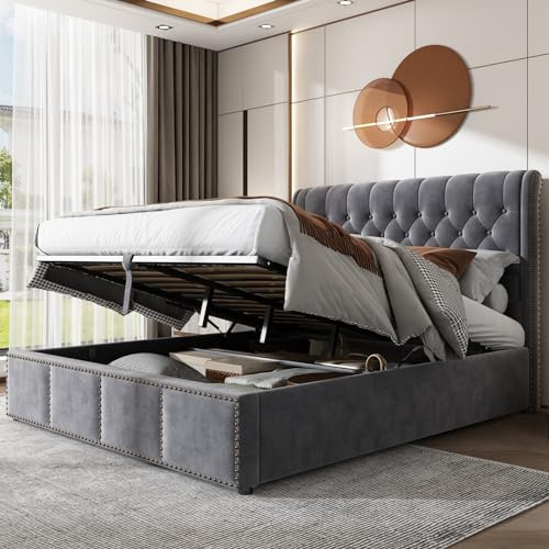 BestAlice Letto contenitore 160x200, Letto matrimoniale imbottito con spazio di archiviazione, morbido letto per adulti in materiale di velluto con decorazione rivetti in salice, Grigio