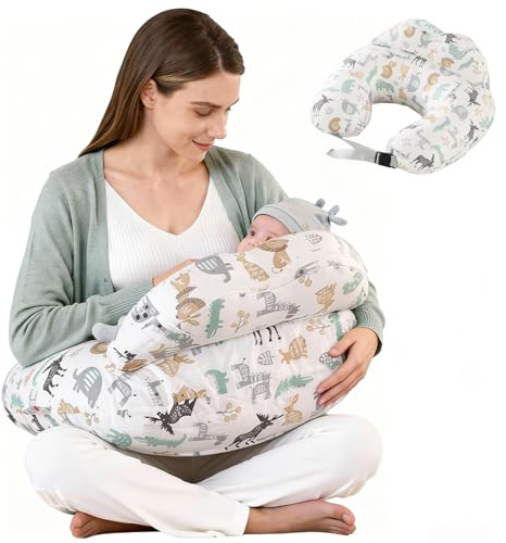 LUM9EX8 Nursing Pillow - Multifunctional Breast Feeding Pillow with Safety Fence & Adjustable Waist Strap, 100% Cotton Removable Washable Cover, Animal Pattern