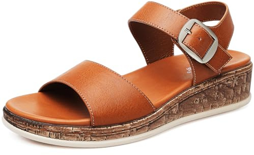 DimaiGlobal Sandalias Mujer con Punta Abierta y Cuña de Verano para Caminar Sandalias con Plataforma Soporte Plantar y Ajuste Seguro con Hebilla 42EU Marrón