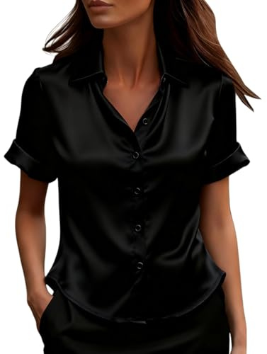 Blusas de Mujer Elegantes Fiesta de Satén Blusa Elegante Raso Color Sólido Camisa Talla Grande Moda Básico Top Manga Corta Oficina Tops Cuello Abierto Versátiles Camiseta Cómodo Chic Casual Boda