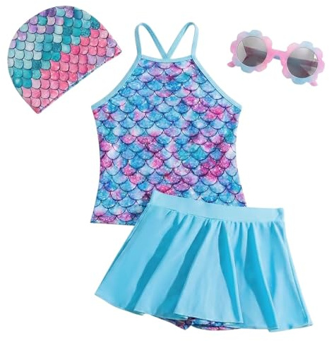 Maillot de Bain Fille Sirène 4 Pièces, Tankini pour Fille avec Jupe-Short, Ensemble de Natation avec Bonnet et Lunettes, Motif Écailles de Poisson pour Nager, Tenue de Vacances Été 5-6 Ans