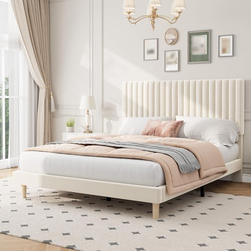 Crevyteg Full Bed Frame with Adjustable Headboard, Velvet Upholstered Platform Double Bed Frame, Strong Wooden Slats, No Box Spring Needed, Easy Assembly, 72.4'' x 53.9'' x 40.9~44.9'', Beige