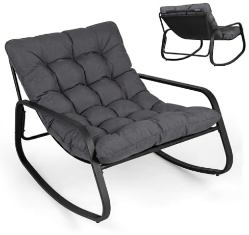 GOPLUS Fauteuil de Jardin Exterieur à Bascule, Chaise à Bascule Intérieur Papasan avec Coussin Rembourré et Amovible, Cadre en Métal, Base Antidérapante, pour Balcon Patio, Charge 205 kg (Gris)