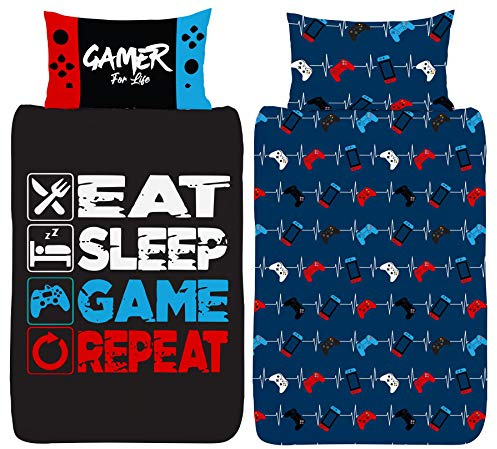 Gamer Single Duvet Cover - Eat Sleep Game Repeat Gaming Controller Design - Reversible Bedding Set - Polycotton