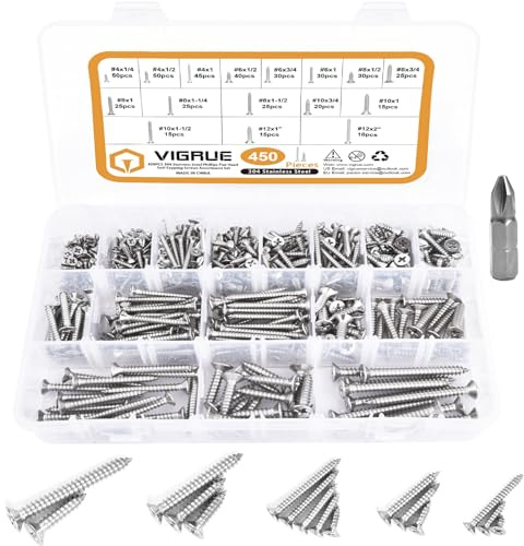 VIGRUE 450Pcs Stainless Steel Wood Screws Set #4#6#8#10#12 Phillips Flat Head Sheet Metal Screw Self Tapping Screws Assortment Kit, Length 1/4 to 2