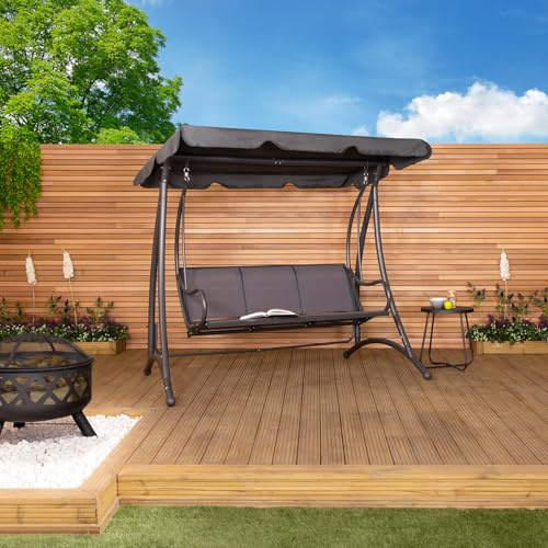 CHARLES BENTLEY 3 Seater, Garden, Patio, Outdoor, Swing Seat Hammock Chair, Grey Chair, Grey Frame, Weatherproof, Swinging Function, Mesh Seat, Steel Frame, Easy To Use, Curved Design (121x194x170cm)
