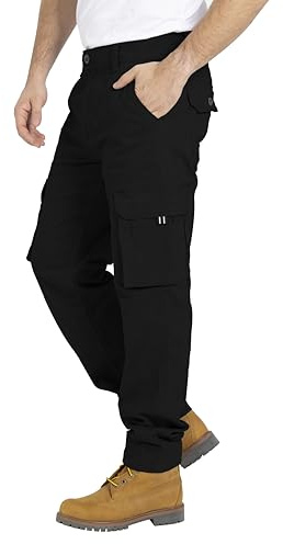 BlauerHafen Herren Cargo Hose, Gerade geschnittene Stretch Schwerlast mit 12 Taschen Freizeithose, Combat Arbeitshose, Relaxed Fit Cargo-Hose Größen 32W–44W (Schwarz, 38W / 32L)