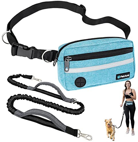 PetAmi Hands Free Dog Leash, Running Leash Belt for Walking, Jogging, Waist Zipper Pouch with Poop Bag Dispenser, Dual Padded Handles, Reflective Durable Bungee Single, Turquoise, 1