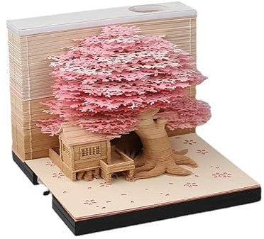 MEICHI 3D Notizblock, nicht verklebt, 3D Baumhaus (Rosa) Papierkunst mit Anzeigebox glasklar, 9 x 9 x 6 cm, 260 Blätter, Tischdeco