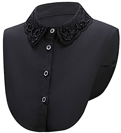 NiceYnn Detachable Pearl Rhinestone Half Shirt Blouse Fake Collar Removable Lapel False Collar Floral Lace Elegant Blouse Top for Women Girls