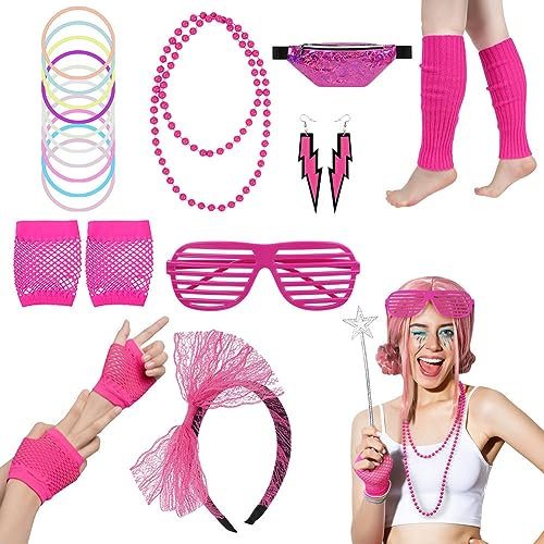Aomig 80er Jahre Outfit Damen, 80er jahre kleidung 8-teiliges Set Gürteltasche,Netzhandschuhe,Stirnband,Beinstulpen,Halskette,Armband,Ohrring,Brille, Festival Outfit Neon Accessoires Geeignet Party