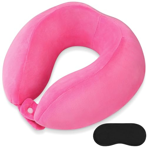 FEUFOAM Cuscino da viaggio per il collo, regolabile, in memory foam, morbido, a forma di U, per aerei, ufficio, treni, auto, campeggio, colore rosso rosa