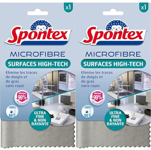 Spontex - Microfibre Surfaces High Tech - Ultra Fine - Non rayante - Elimine Les Traces de Doigts et de Gras (Lot de 2)
