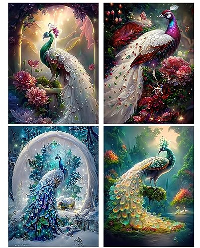 HEIBAGO Diamond Painting Pfau, 4 Pack Pfau Diamant Painting Bilder für Erwachsene Kinder, Full Drill Diamond Art Tiere Diamant Malerei Set für Heimdecor 30x40cm