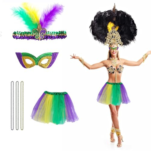 MEISH 6 Pieces Mardi Gras Costume Accessories Set Faux Feather Headband Masquerade Mask Beads Necklaces Tutu Skirt for Women Girls