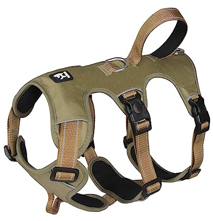 FEimaX Anti-drag Traction-hundsele, Justerbar Reflekterande Hundsele för Medelstor och Stor med Kontrollhandtag och Metallringar, Andningsbar, Vadderad Hundväst, Khaki, L