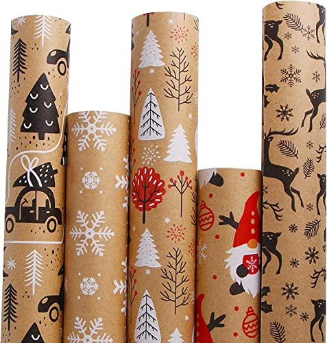 SULOLI 5 Rouleaux Papier Cadeau Kraft Noël, Papier d'Emballage de Noël en 5 Motifs Différents, Set de Papier Cadeau de Noel,Cadeau de Noel Naturel Décoré Cadeau Marron