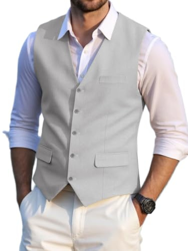 Solovedress Gilet da uomo, elegante, da uomo, estivo, in lino, per matrimoni e feste, grigio chiaro, S