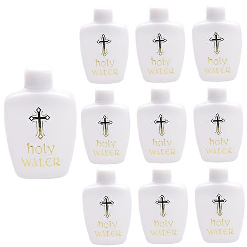 CAKEEYUM 10 Piezas Botella de Agua bendita Católica con Tapa Cosida de 60 ml de Botella de Agua Belleza de plástico con Cruz Dorada y Logotipo de bendita Contenedor de Sagrada para bendiciones y fie