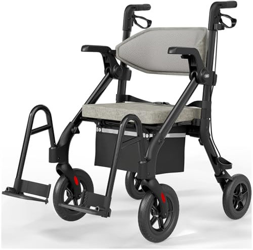 VOCIC Z55 Rollator Rollstuhl Faltbar und Leicht mit Sitz, 2 in 1 Rollstuhl Klappbar Rollatoren für Senioren, Outdoor Gummireifen für Allen Gelände, Aluminium Gehhilfer Transport-Stuhl, Schwarz