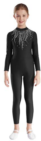 FEESHOW Mädchen Turnanzug Ganzkörper Langarm Glitzer Gymnastik Ballett Body Mit Strass Kinder Jumpsuit Einteilige Tanzkleidung Schwarz 110-116
