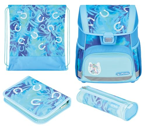 herlitz Schulranzen Set 4-teilig Loop Lucky Horse Hellblau 17 L Ergonomischer Tornister mit geringem Gewicht 1. Klasse Junge Mädchen Kinder, Pferd