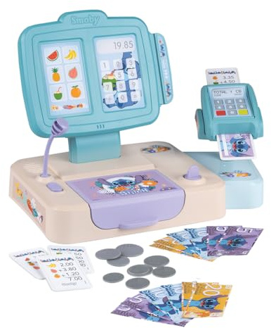 Smoby - Stitch - Caisse Enregistreuse - 26 Accessoires - Tiroir Caisse, Lecteur de Carte Bancaire, Micro - Tickets de Caisse, Billets, Pièces, CB Inclus - A Partir de 3 Ans - Fabrication Française