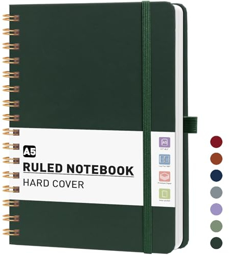 PYNEX Notizbuch A5 Liniert, Hardcover,Notebook, Notizblock Spiralbindung With 140 Blatt 100GSM, Tagebuch für Erwachsene,Schule - Dunkelgrün