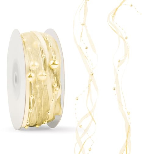 Dalababa Ribbon for Gift Wrapping, 5 Yards/4.6M Yarn Organza with Pearl, Fairy Ribbon for Christmas Valentine Presents Bouquets Cake Party Balloon Wedding Car Decoration DIY Craft - Gold