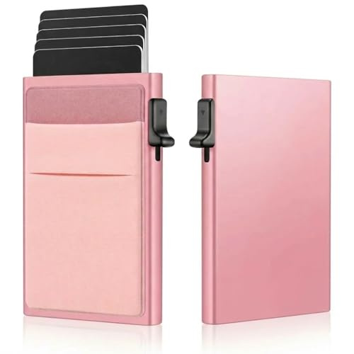 Tarjetero Mujer, Tarjetero Metalico Automático Mujer con Bloqueo RFID, Porta Tarjetas de Credito Resitente, Cartera Tarjetero Mujer, Portatarjetas, Cartera de Mujer con Doble Bolsillo Exterior, (Rosa)