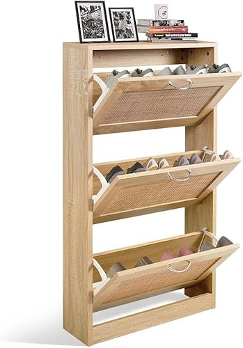 GRAVFORCE Schuhschrank 3 Klappen Eingangsbereich Rattan schmaler Schuhschrank Flip Down Schuhregal Holz 3-stufiger Schuhorganisator für Haus und Wohnung, 58Bx17Tx105H (Holz, Rattan)