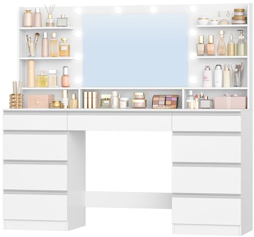 Hzuaneri Stort sminkbord med justerbar LED-belysning, 10 LED-lampor, 3 färger, justerbar ljusstyrka, sminkbord med stora speglar, 9 lådor, 9 öppna fack, vit-silver DT43403WEU