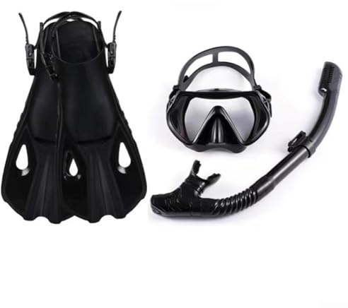 Set da snorkeling con maschera regolabile, boccaglio Dry Top adatto ai principianti e pinne per tutte le attività subacquee (L/XL nero)