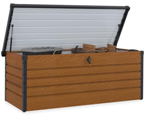 IDMarket - Baúl de almacenamiento de metal con cerradura efecto madera y gris para jardín, 600 L, 165 x 70 x 63 cm