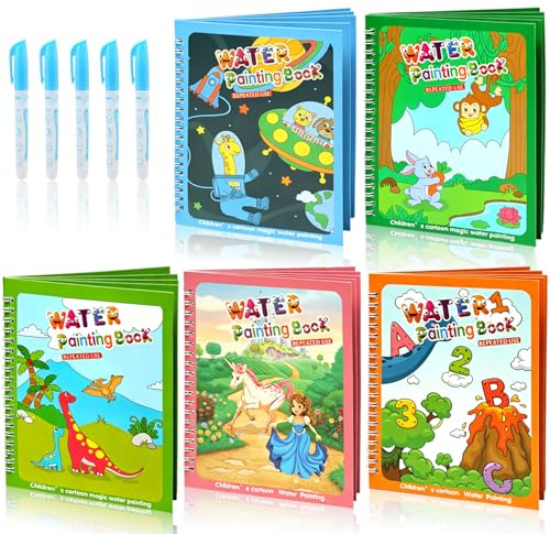 Ballery 5 Pack Magic Water Colouring Books for Toddlers, Reusable Water Painting Books with Pens, Mess Free Drawing Travel Toy, Educational Learning Doodle Book Set for Boys Girls