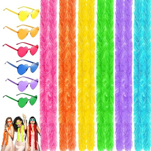 12 PCS Feather Boa Set, Artificial Fluffy Boas Decoration, Feather Boas With Heart-Shaped Frameless Sunglasses, Fancy Costume for Girls, Dress up Dancing, Halloween, Christmas, Hen Party Decor