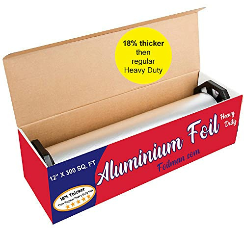 Foilman Thick & Heavy Duty Aluminum Foil Roll with Sturdy Corrugated Cutter Box, Food Safe Cling Wrap for Cooking, Baking, Roasting, Grilling, Freezer Storage - Durable Kitchen Use - 12 in x 300 sq ft