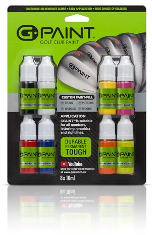 G-Paint Golf Club Paint - Touch Up, Fill In, Customise or Renovate Your Clubs - 8 Pack of 10ml Bottles. Black, White, Red, Blue, Yellow, Orange, Pink & Green