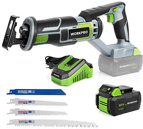 WORKPRO Sierra Sable Inalámbrica, Sierra Alternativa 20V, Sierra de Sable con LED, Incluye 4 Hojas de Sierra, Batería de 4,0 Ah, Cargador Rapido, Velocidad Variable para Cortar Madera y Metal